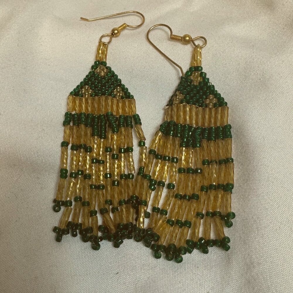 Vintage Style Throwback Green & Gold Beaded Boho Drop Earrings - Hand…